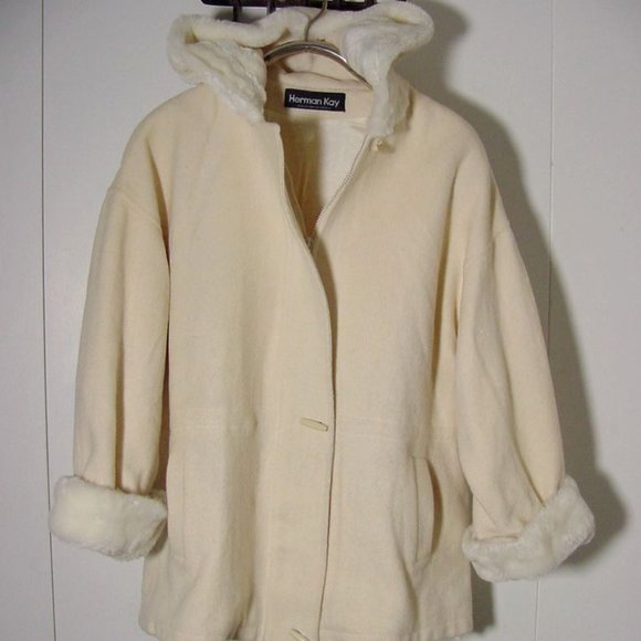 Vtg Cream White Herman Kay Wool Blend Toggle Hoodie Coat Sz 2XL